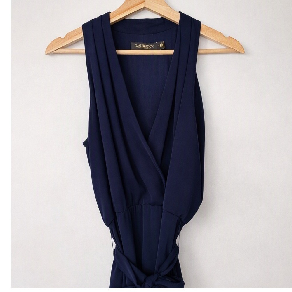 Lauren Ralph Lauren Navy Draped V Neck Sash Belt Dress Sleeveless Midi Size 6 - Picture 3 of 6